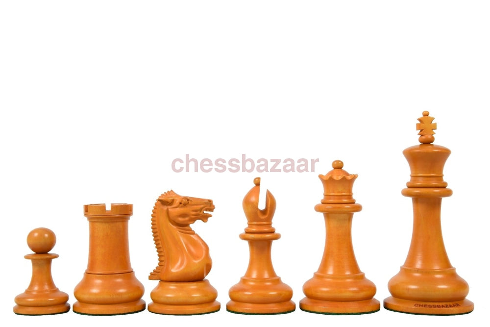 1849 Staunton Schachfiguren  mit prächtiger Prägung auf der Seite des Königs aus Ebenholz und veraltetem Buchsbaumholz – KH 115 mm