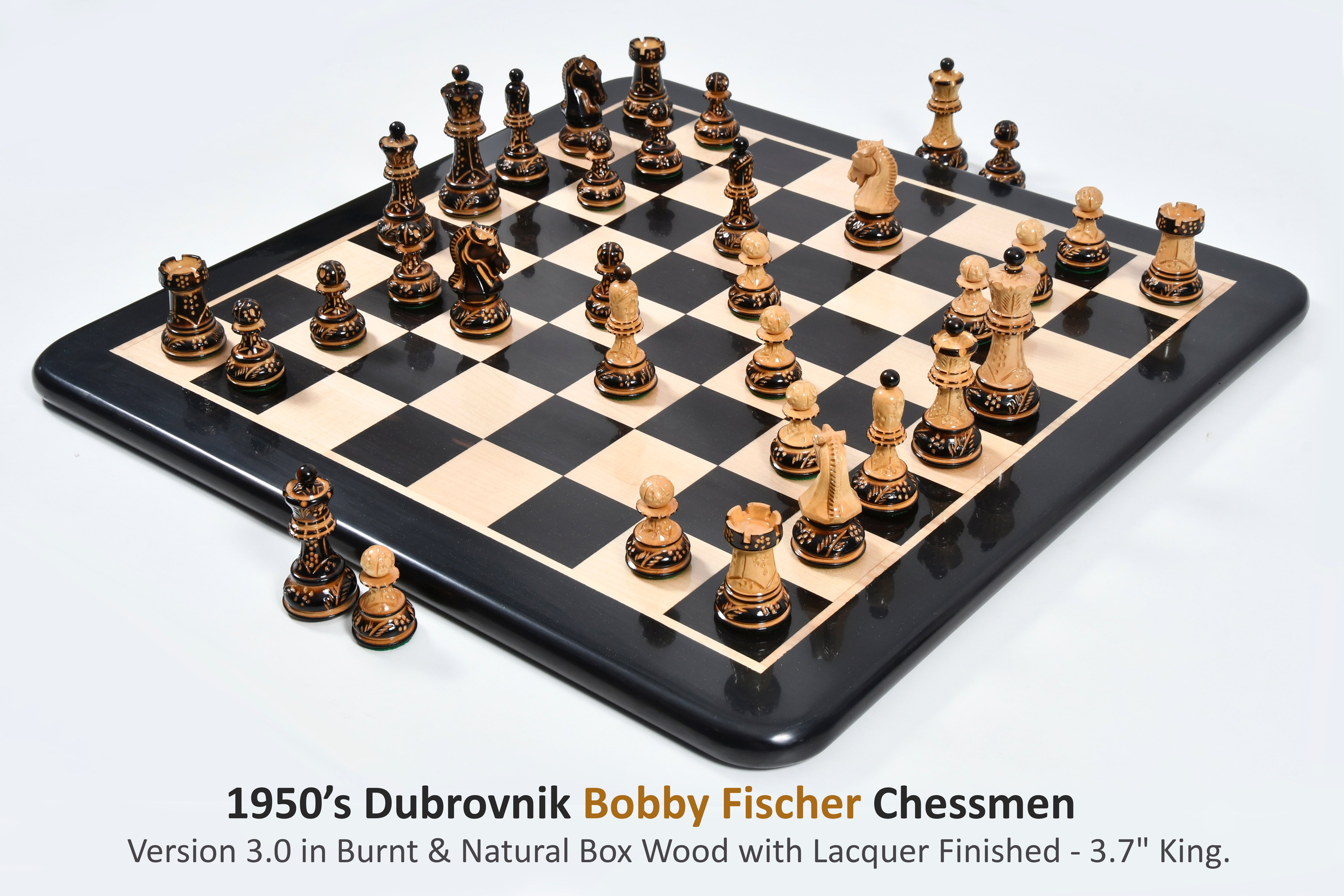 1950 Dubrovnik Bobby Fischer Schachfiguren aus geflammtem Buchsbaumholz und Natur- KH 94 mm, Version - 3,0