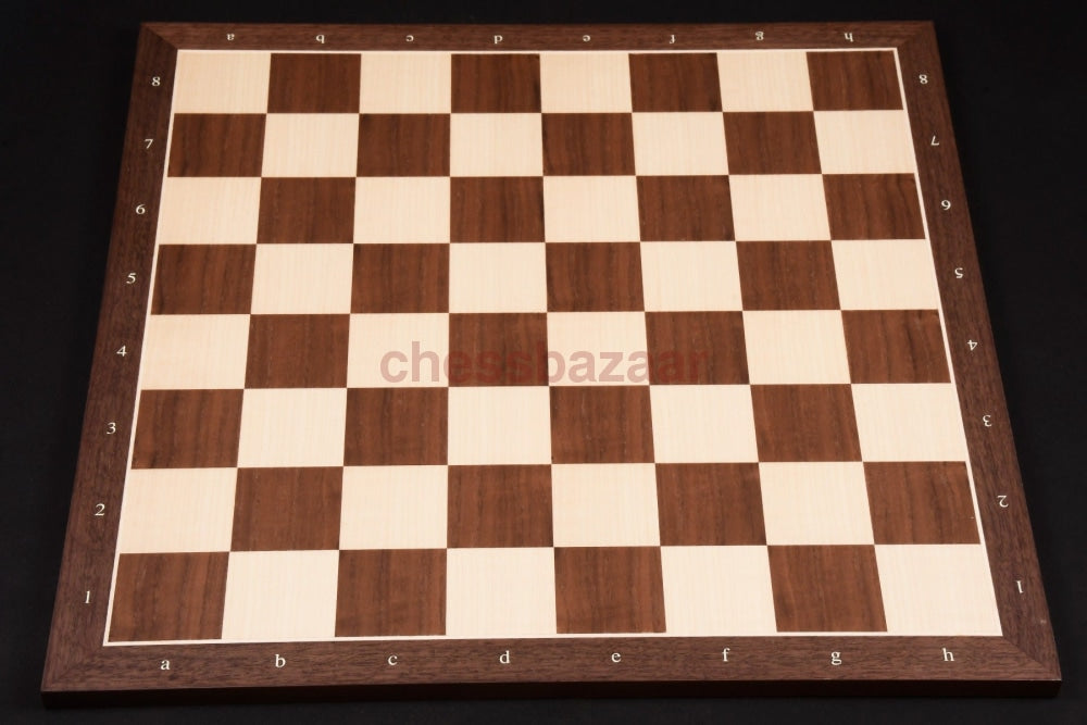 Furniertes Turnierschachbrett mit Zahlen und Buchstaben aus Nussbaum und Ahorn  – Feldgröße 50 mm